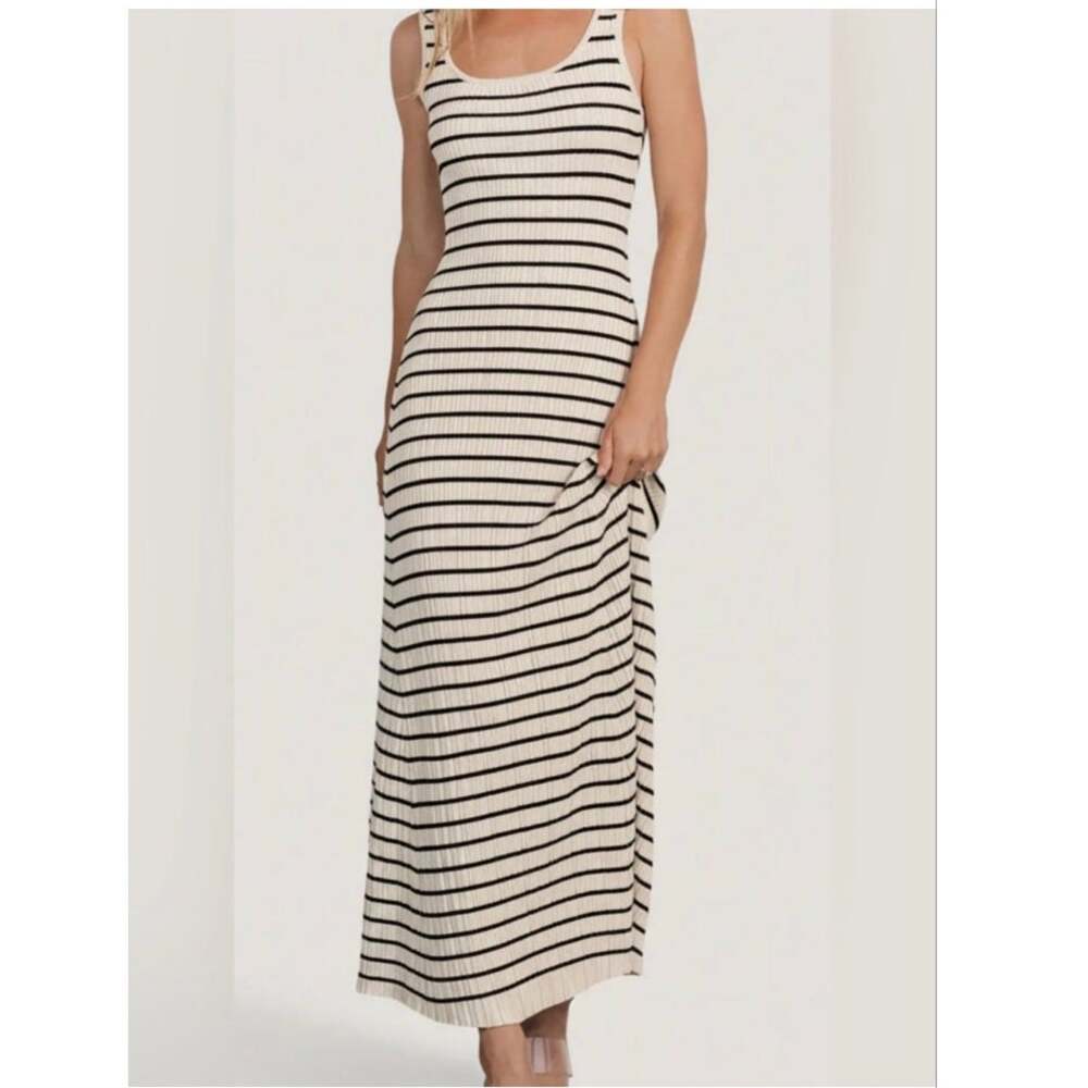 Baltic Born Womens Medium Striped Ribbed Stretchy Bodycon Midi Dress Minimalist